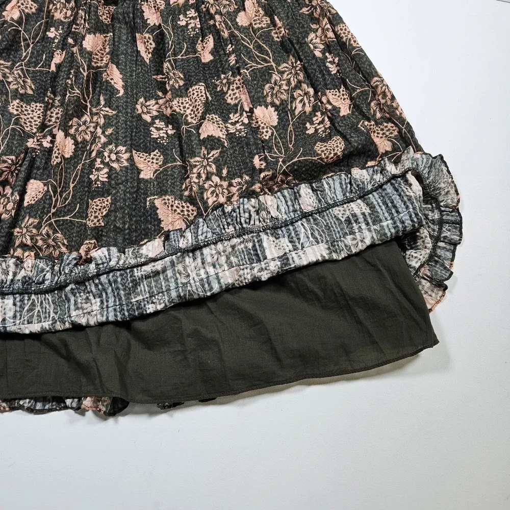 Ulla Johnson Skirt Women 6 Green Pink Floral Tiered Ruffle Midi Boho Fairy‎